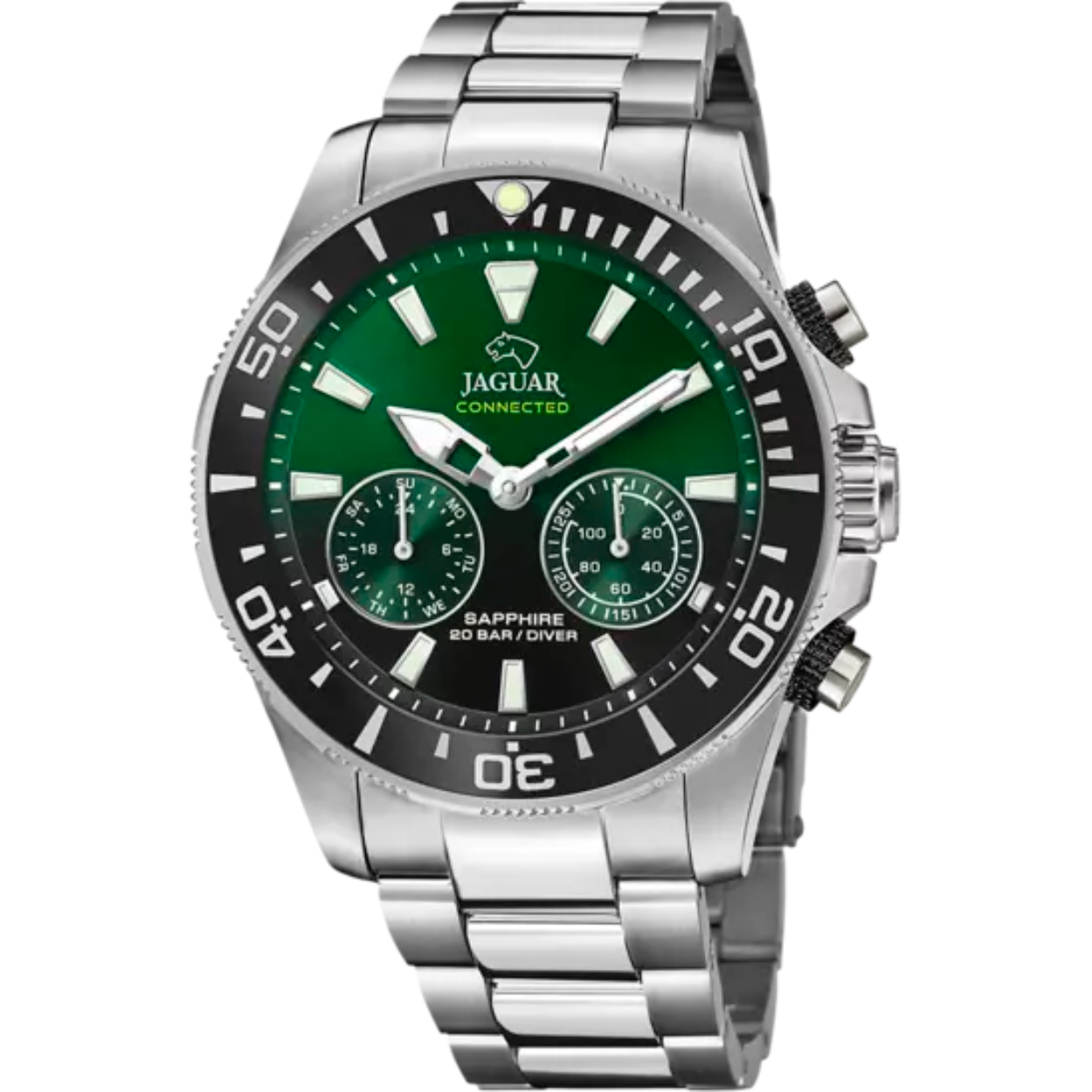 De JAGUAR J888/5 is en hybride horloge. Dankzij de connected technologie van Jaguar, is dit horloge in staat om slimme functies aan zijn eigenaar te bieden.