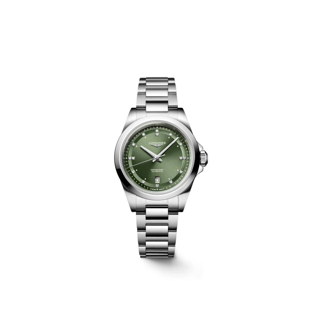 Dit Longines horloge behoort tot de Conquest collectie.
Referentienummer: L3.320.4.07.6

De longines is voorzien van een automatisch kaliber L592 uurwerk met 45 uur gangreserve. De kast en band zijn gemaakt van roestvrij staal. Het horloge heeft een diameter van 30mm en is getest op een waterdichtheid van 10 atm / 100 m. De groene wijzerplaat is versierd met 15 Top Wesselton VS-SI diamanten met een totaal van 0.037ct.  De wijzers zijn voorzien van Super-LumiNova® voor een betere leesbaarheid in het donker. Het horloge heeft een krasbestendig saffierglas met meerdere lagen anti-reflecterende coating aan beide zijden en een geschroefd en transparant achterdeksel met saffierglas.

Horloges van Longines met automatische uurwerken genieten van een verlengde fabricagegarantie van 5 jaar. Deze langere garantieperiode onderstreept de uitzonderlijke kwaliteit en het vakmanschap van de automatische uurwerken van Longines.
