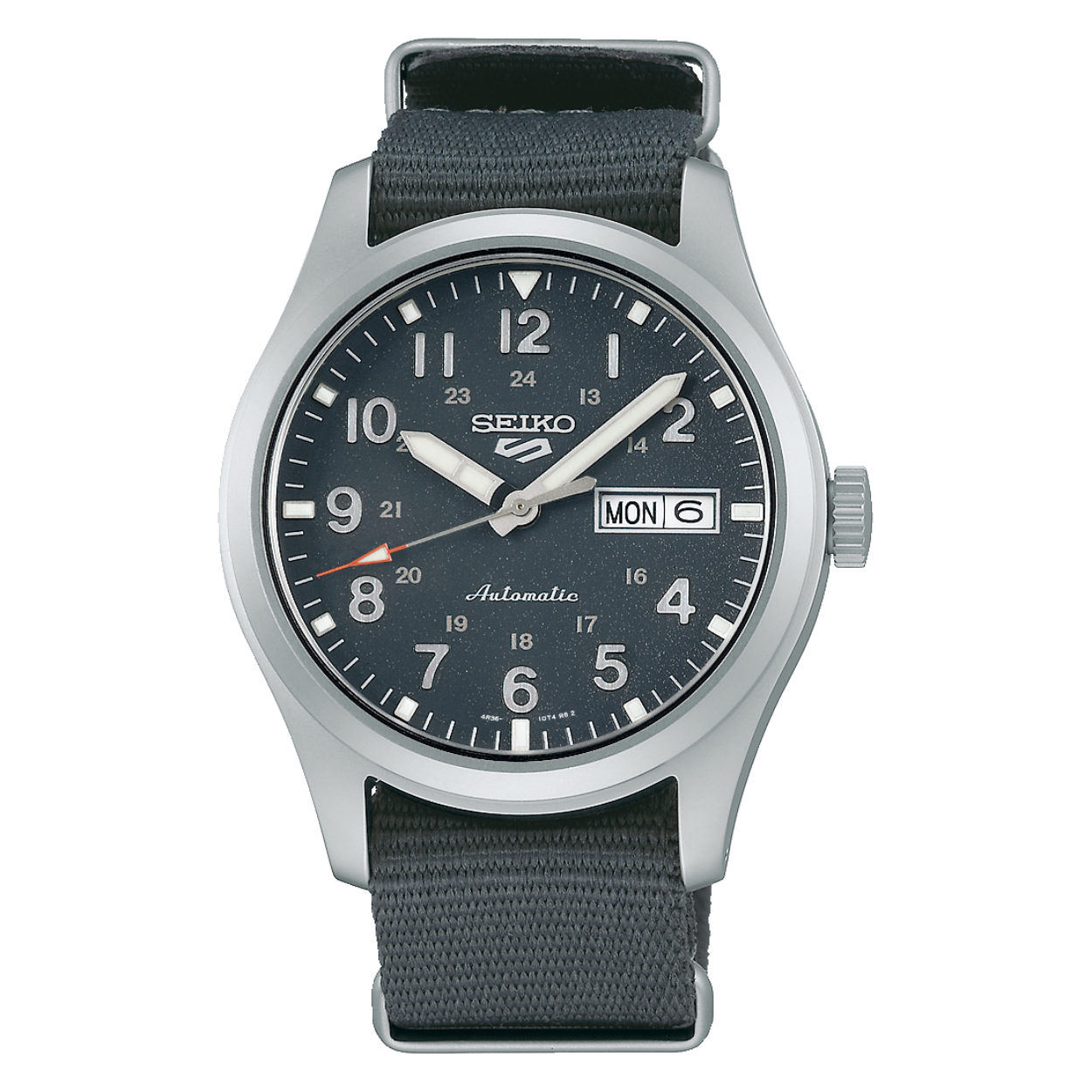 Het 4R36 Seiko kaliber met dag/datumweergave is een mechanisch kaliber. Het horloge laadt zich tijdens het dragen automatisch op door het omzetten van de arm- en polsbewegingen van de drager in energie.