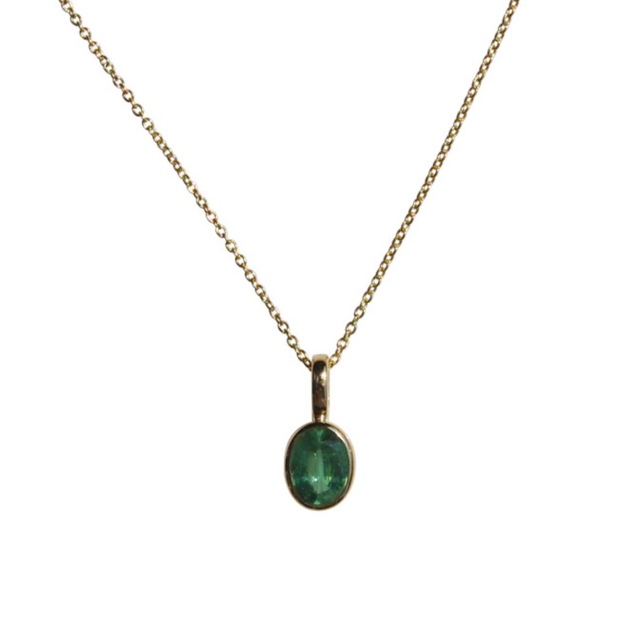 pendant 14kt geelgoud
met ovale mint kyaniet(6x8mm) in gladde zetkast
