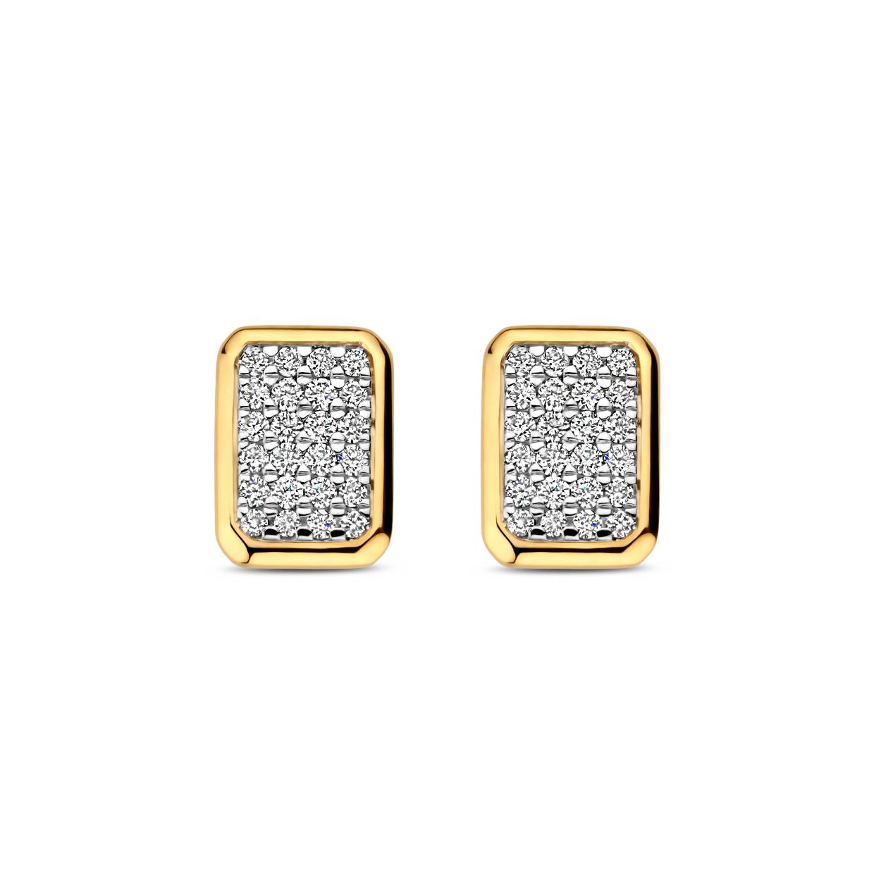 1 paar 14 krt geelgouden oorstekers met briljantgeslepen diamant pavé gezet in witgoud. Model Cato rechthoek