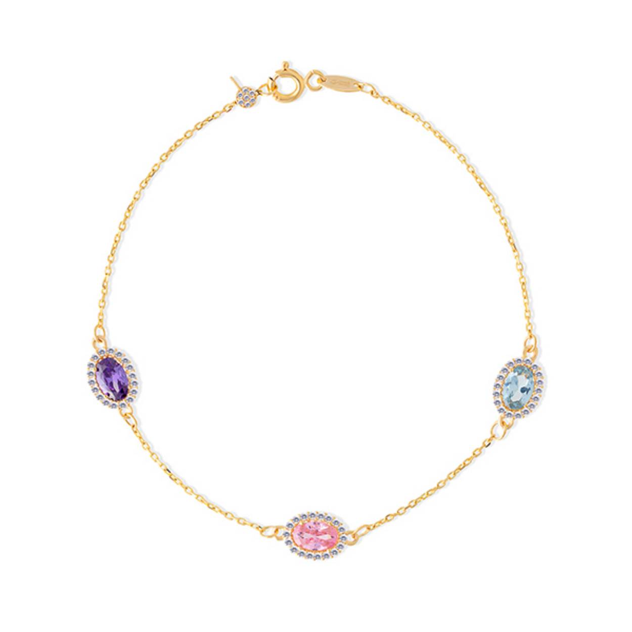 
SWING JEWELS 14krt geelgouden armband, fijntjes, tussenstuk met ovale lila/blauw/roze zirconia met entourage blanke zirconia's