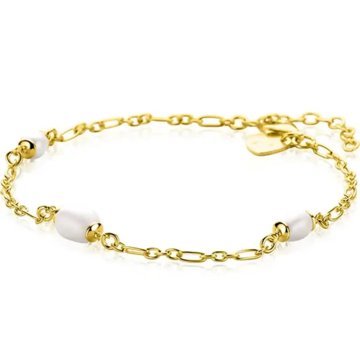 ZINZI gold plated zilveren schakelarmband met drie ovale witte zoetwaterparels 17-20cm ZIA2588
