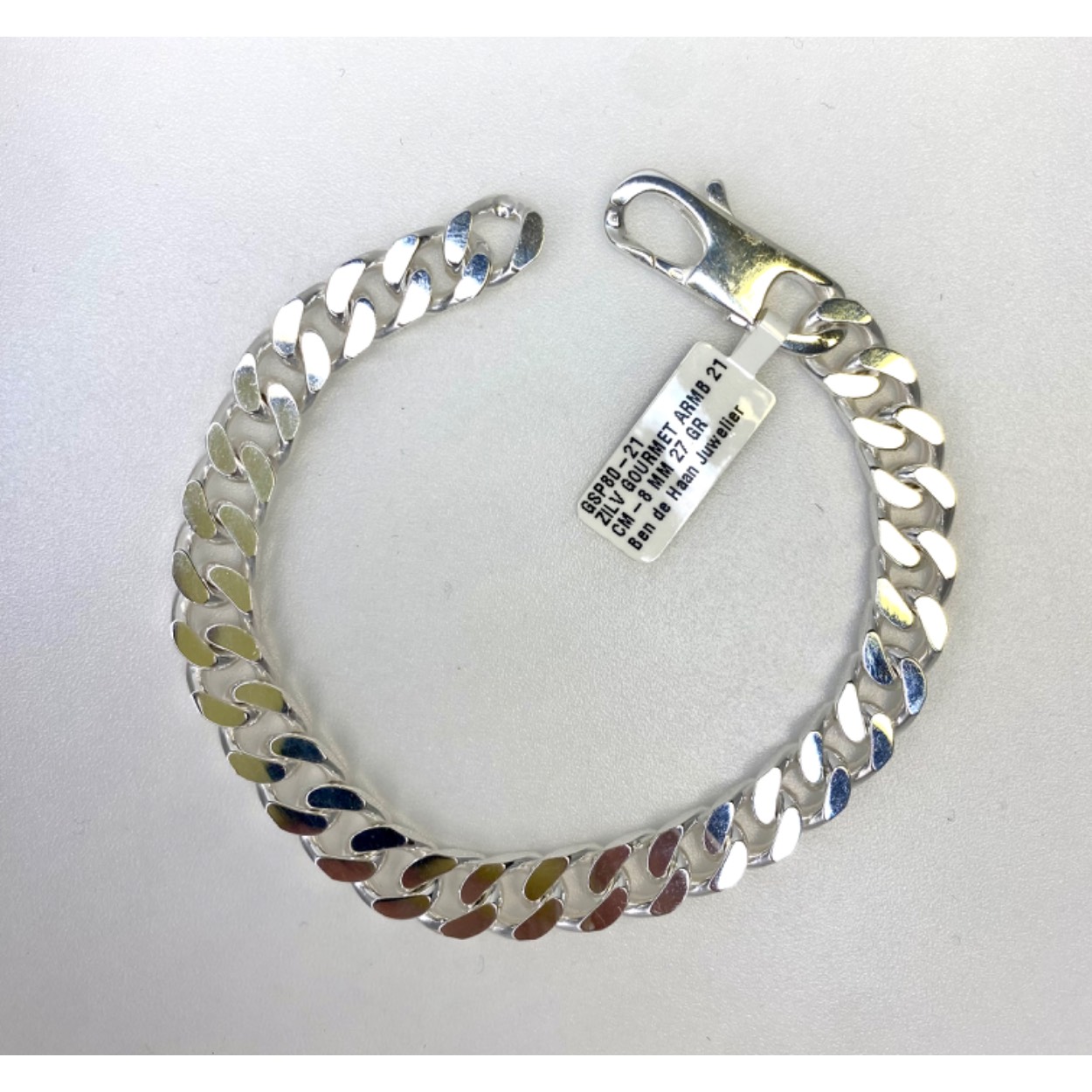 Zilver gourmet armband 21 cm / 8 mm met platte karabijnsluiting
