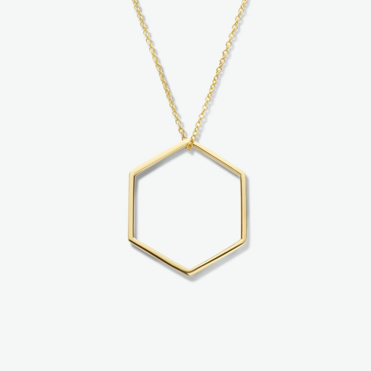 925 zilveren collier verguld uitgevoerd met een hanger in de vorm van een zeshoek. Het collier heeft een draaglengte van 41cm met een extensie van 4cm en een stevige karabijn sluiting. De zeshoek heeft een afmeting van 29x25.5mm. Geen garantie op plating.