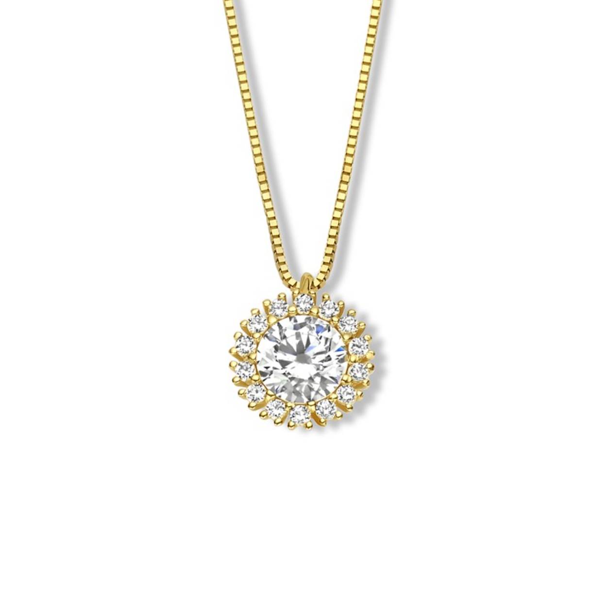 18 kt geel gouden ketting (42 cm) met zirkonium hanger
Bijhorende ring en oorbellen van deze set, ook verkrijgbaar
De prijs kan variëren naargelang de goudprijs.
