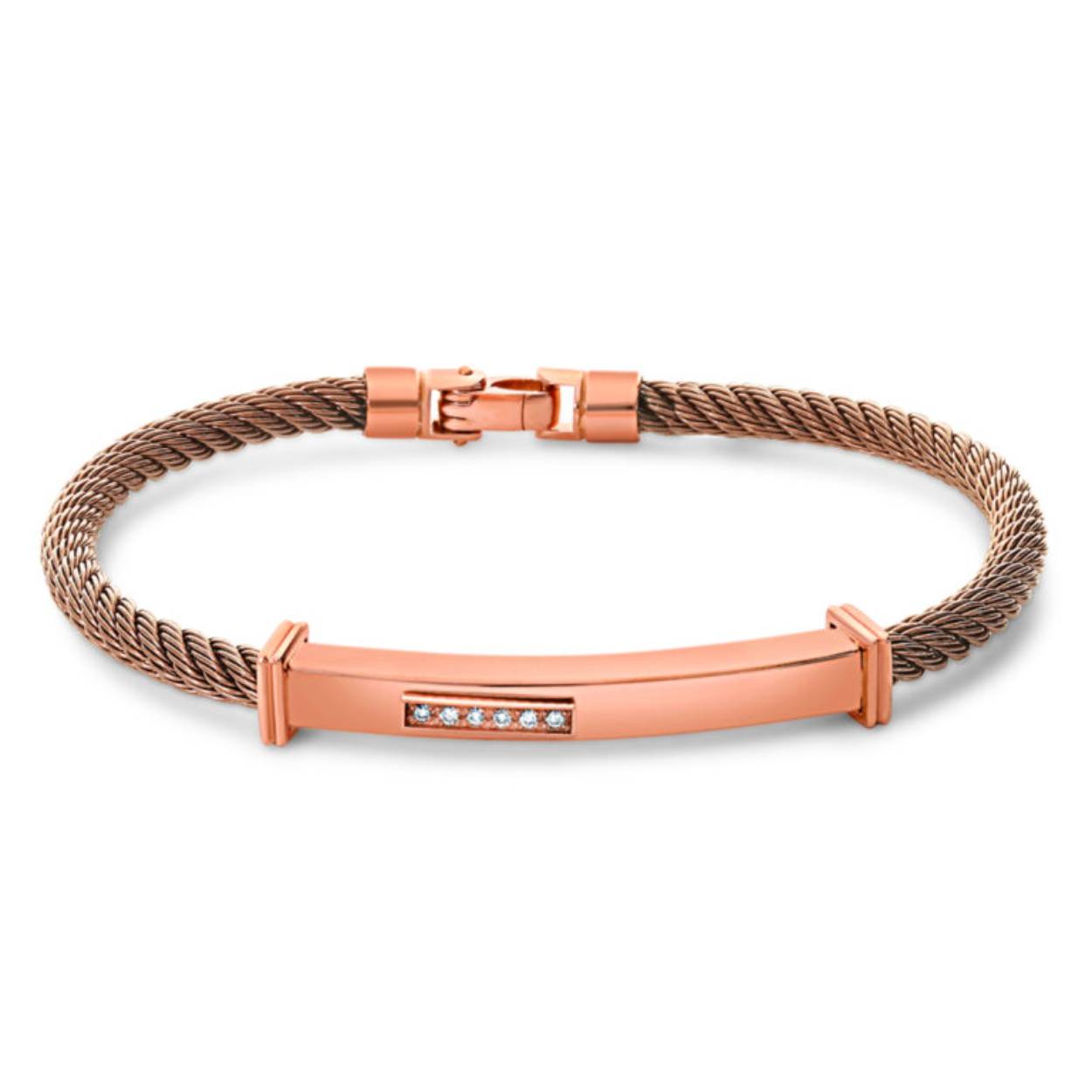 Stijlvol en eigentijds, de bespoke JH Brummer Rose Gouden Heren Armband combineert de warmte van rose goud met de stoere uitstraling van bruin staal. Met een subtiele 0.06 crt H SI diamantaccent voegt het een vleugje luxe toe aan elke look.