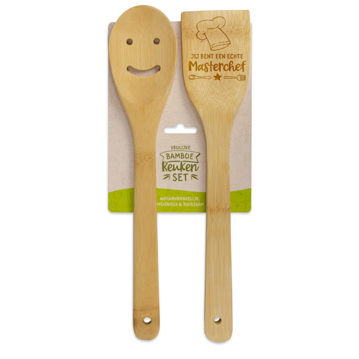 De spatel en lepel in de keukenset van uw keukengerei groothandel, zijn gemaakt van stevig, duurzaam bamboe. De keukenset is daarmee dus een 100% natuurproduct. Dit betekent dat elke spatel en lepel uniek zijn in kleur en tekst. De keukensets die u van uw keukengerei groothandel ontvangt, kunnen dus enigszins afwijken van de foto’s die u op onze website en in onze webshop ziet.