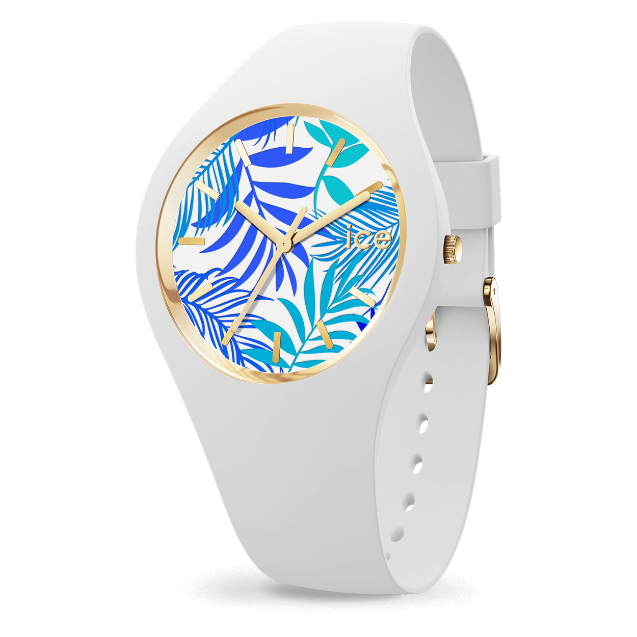 Op zoek naar wat kleur? Laat jezelf verrassen door de prachtige bloemen van het ICE flower turquoise leaves horloge! De hagelwitte siliconen armband met gouden details maakt van dit lieflijke horloge een echte eyecatcher om je pols. De kleurrijke wijzerplaat maakt elke outfit af!