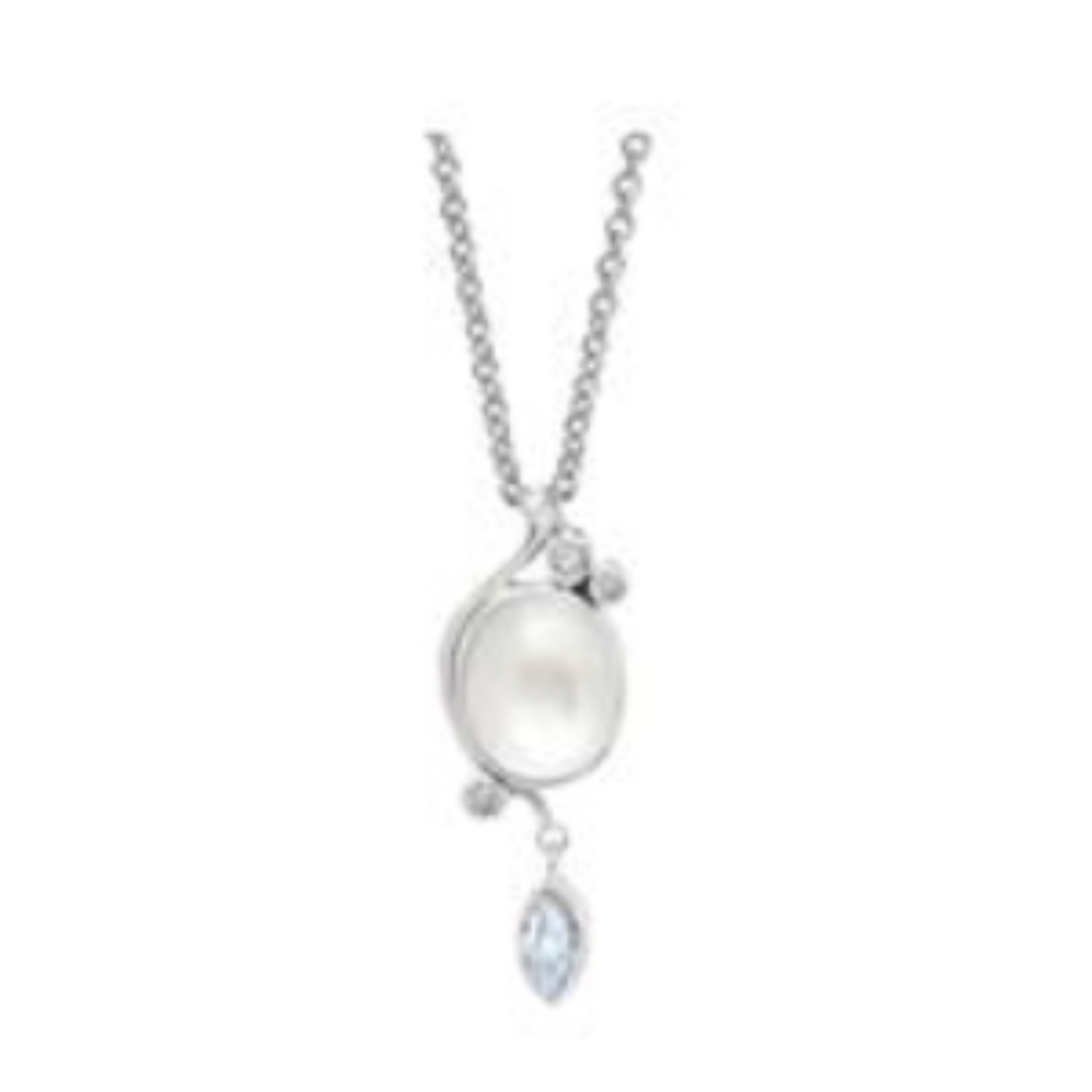 Deze sterling zilveren ketting bevat een mooie witte parel van 10 x 8 mm en twee 1,5 mm witte topaas. Onder de parel hangt een 6 x 3 mm blauwe topaas. De ketting is te dragen op 42 en 4