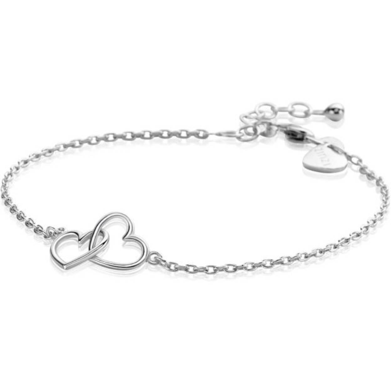 Ziznzi zilveren armband met in het midden twee hartjes mooi verbonden met elkaar. De twee hartjes zijn samen 16 mm lang. De lengte van deze armband is te vari&euml;ren tussen 17,5 en 19,5 cm. Met herkenbaar Zinzi hartje bij de sluiting. Vervaardigd van eerste gehalte zilver (925) en met extra rodiumlaag voor een langdurige glans.