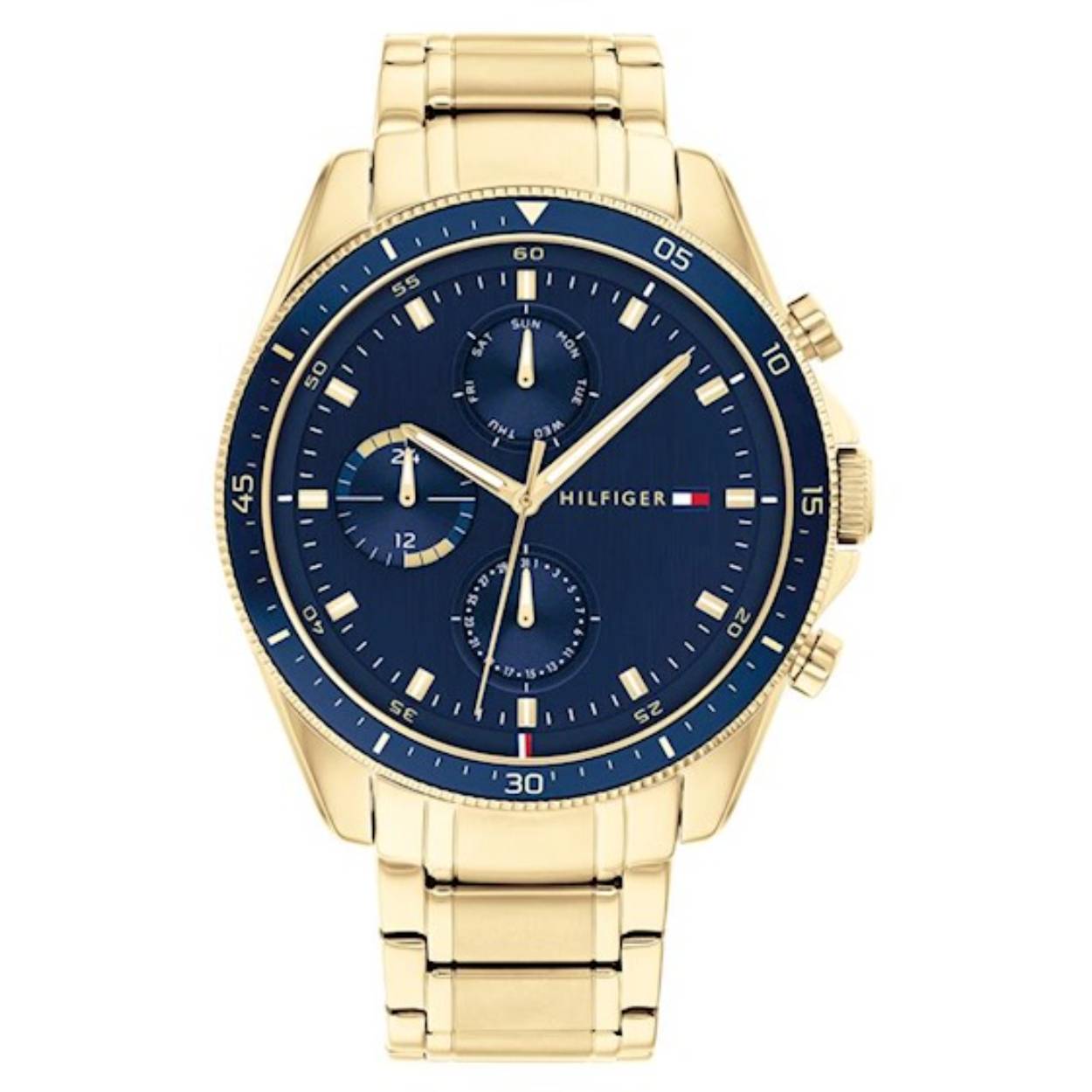 Tommy Hilfiger herenhorloge TH1791834, uitgevoerd in goud verguld edelstaal met een donkerblauwe wijzerplaat. Het horloge is waterdicht tot 5 atm.