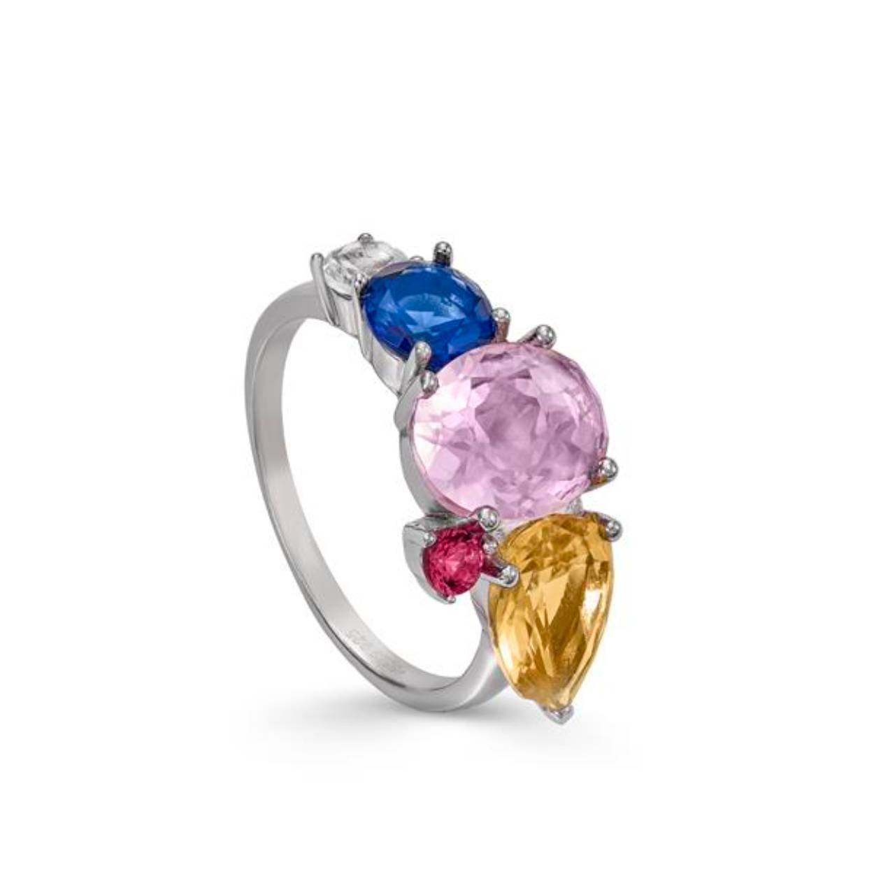Zilveren gerodineerde ring met gekleurde zirkonia,s .