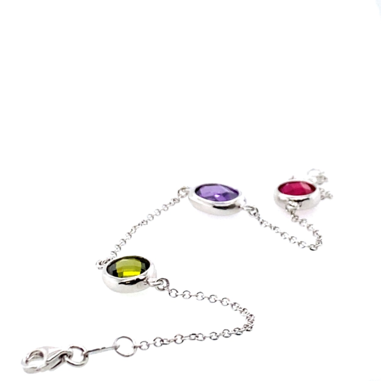 Witgouden armband met peridot, amethist, robijn