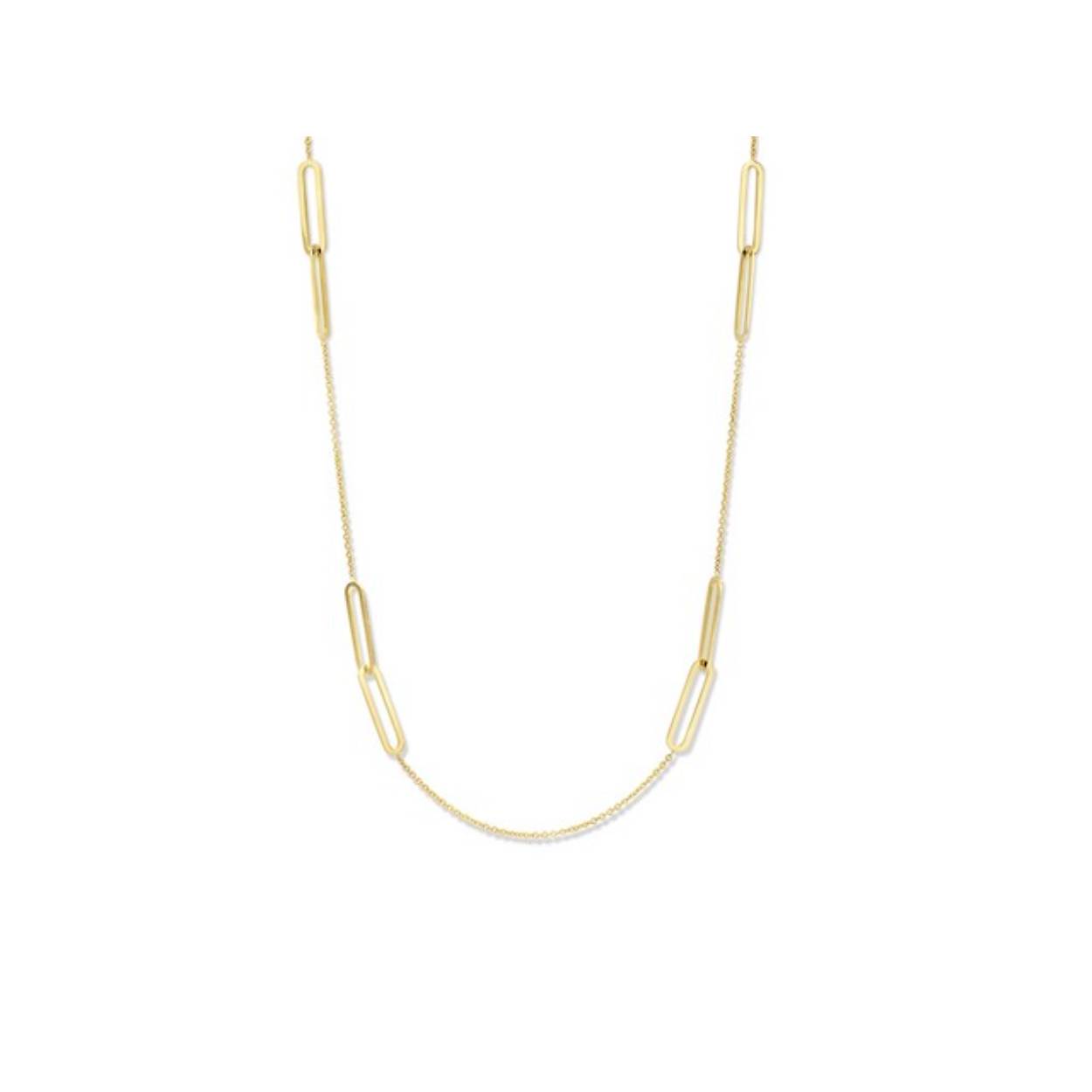 18 kt gouden ketting met open ovalen schakels.
Lengte: 45 cm (ook langer verkrijgbaar)
Bijhorende oorbellen en armband ook verkrijgbaar
De prijs kan variëren naargelang de goudprijs