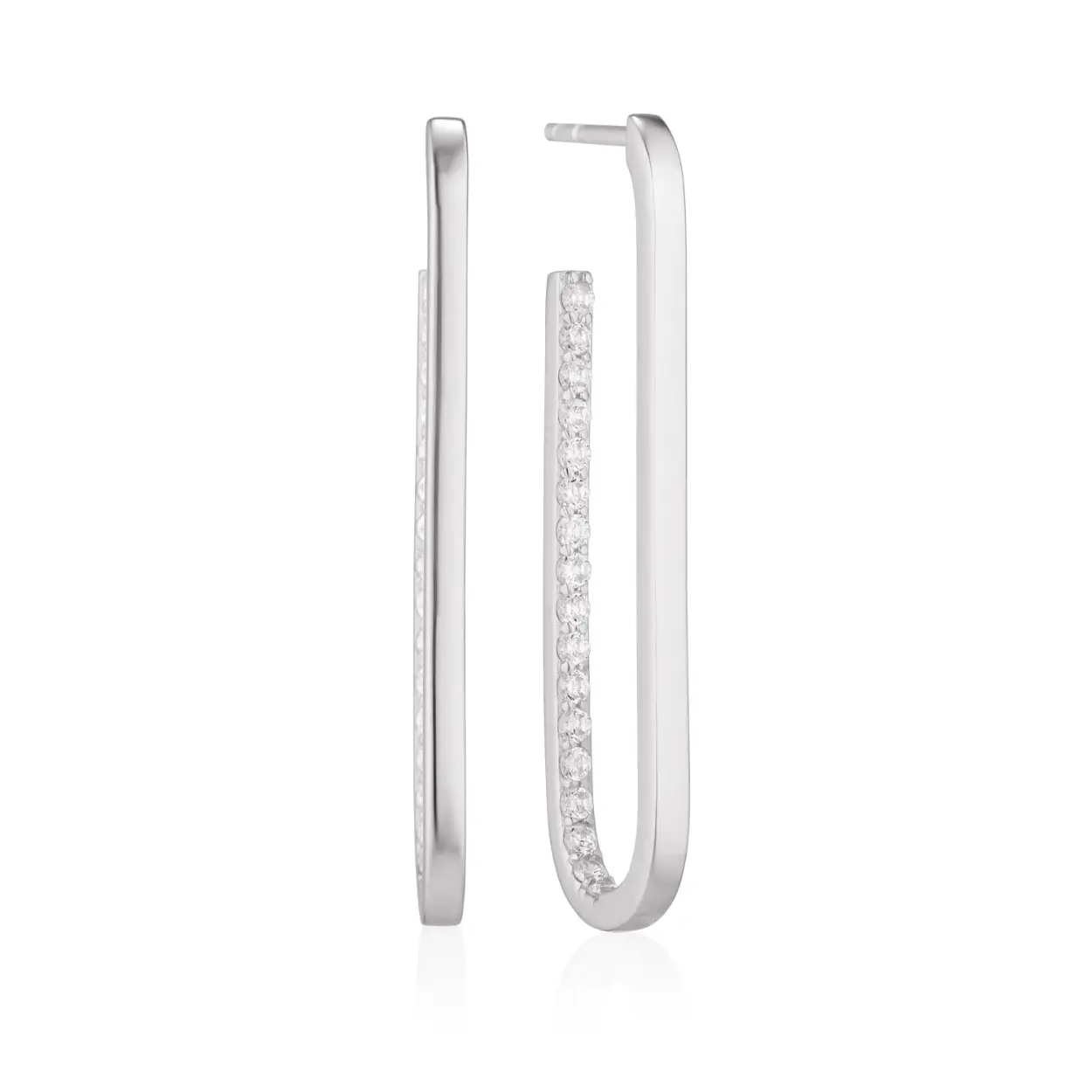 Oorbellen gemaakt van 925 Sterling zilver met rhodium, gepolijst oppervlak en met de hand bezet met facet geslepen witte zirkonia.

Afmetingen oorbellen: Lengte 41 mm, breedte 2 mm, dikte 2 mm
