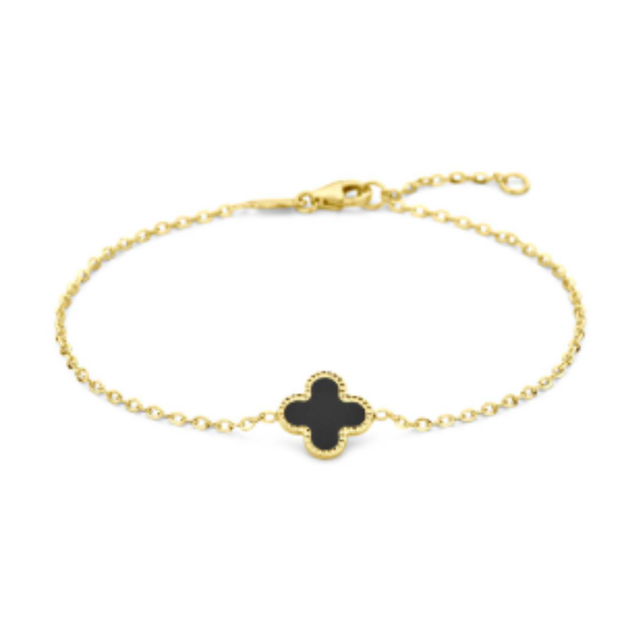 14k Geelgouden armband uitgevoerd met een klavertje, onyx en een karabijn sluiting. De armband heeft draaglengtes van 16 en 18cm. De schakelbreedte is 1.4mm.