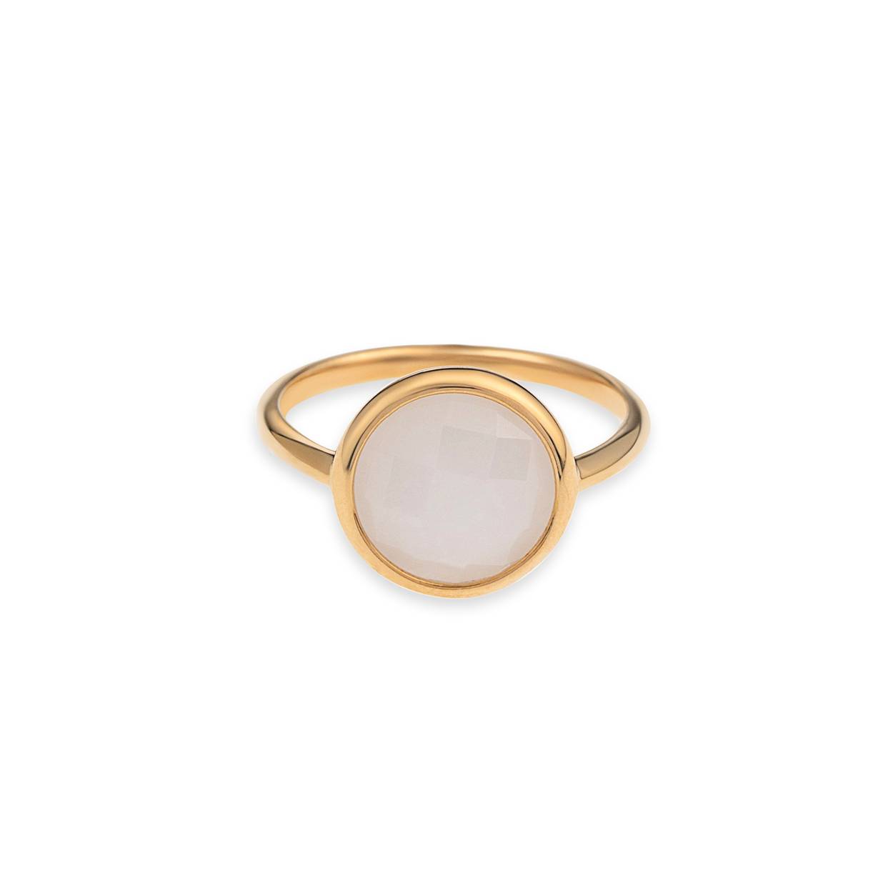 Geelgouden ring van Italo Botenne. De ring is gezet met een witte kwarts, de vorm is rond en gefacetteerd. Maat 54. Edelsteen is een natuurproduct waardoor de stenen iets kunnen afwijken van de foto.