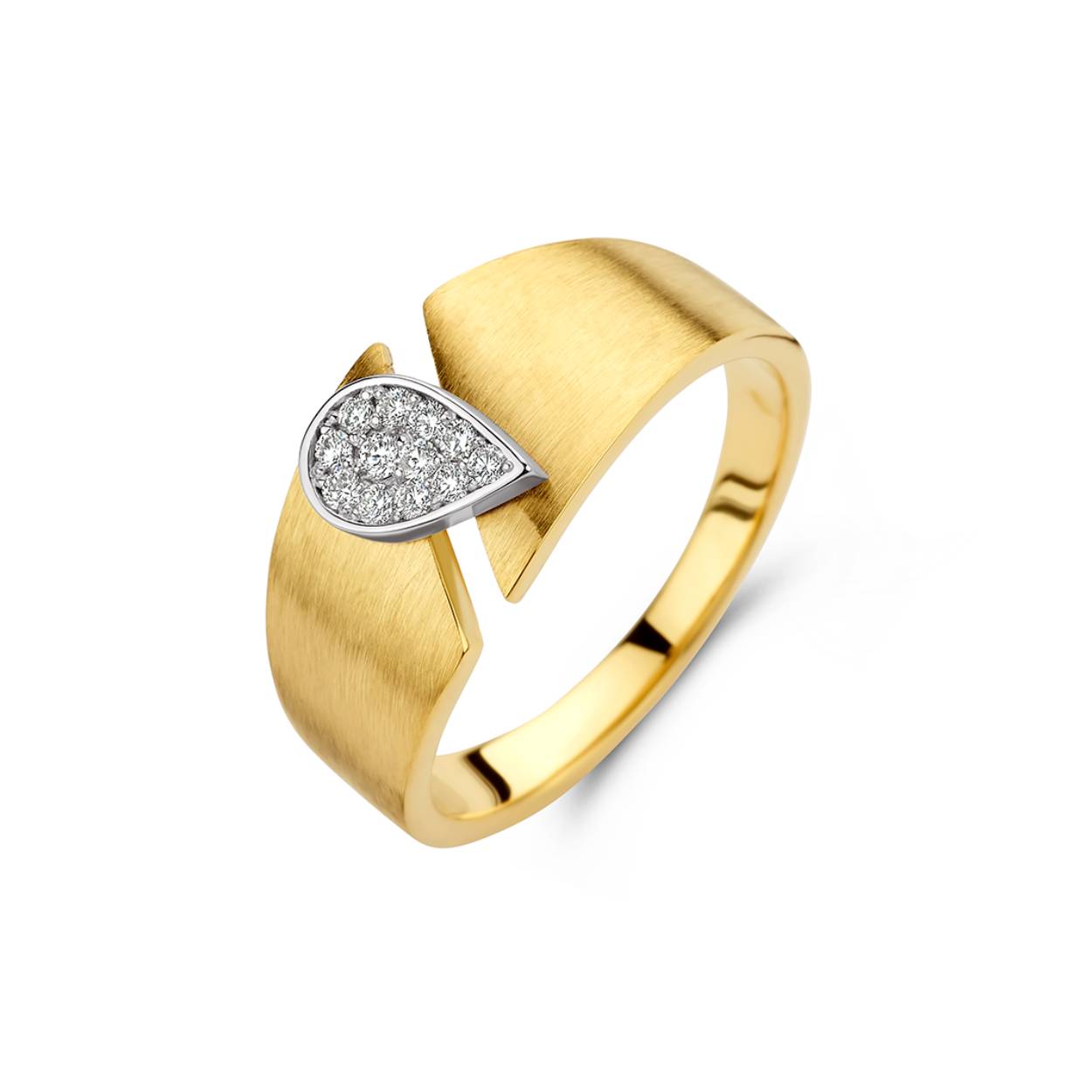 18 kt mat gouden ring met briljant: 0,13 ct
Breedte: 9,5 mm (breedste stuk vooraan)
Bijhorende hanger en oorbellen zijn ook verkrijgbaar
De prijs kan variëren naargelang de goudprijs
