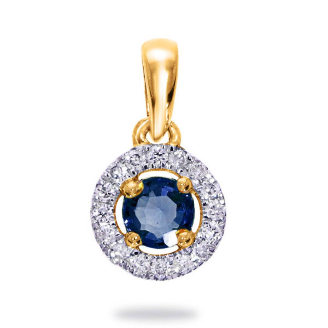 14krt geelgouden hanger 16- 0.05crt diamant bl. saffier