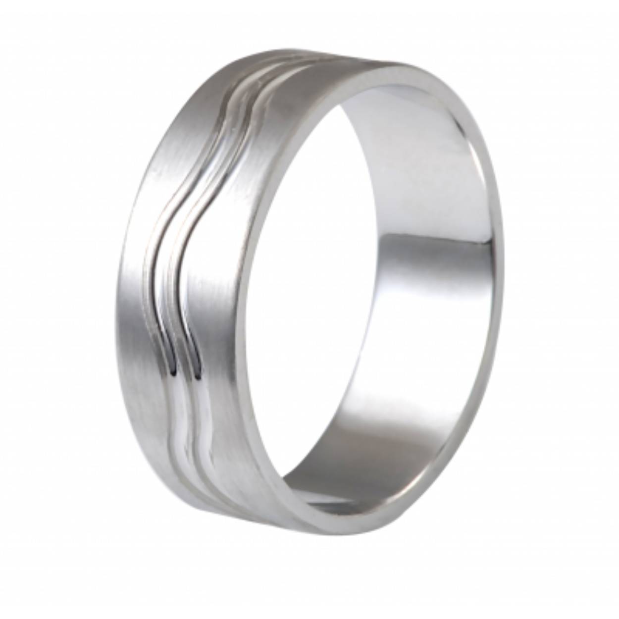 585 witgouden trouwringen. Mat met glimmende golfjes. de damesring 5 mm en de herenring 7 mm. de damesring is zonder diamant. Prijs is op aanvraag