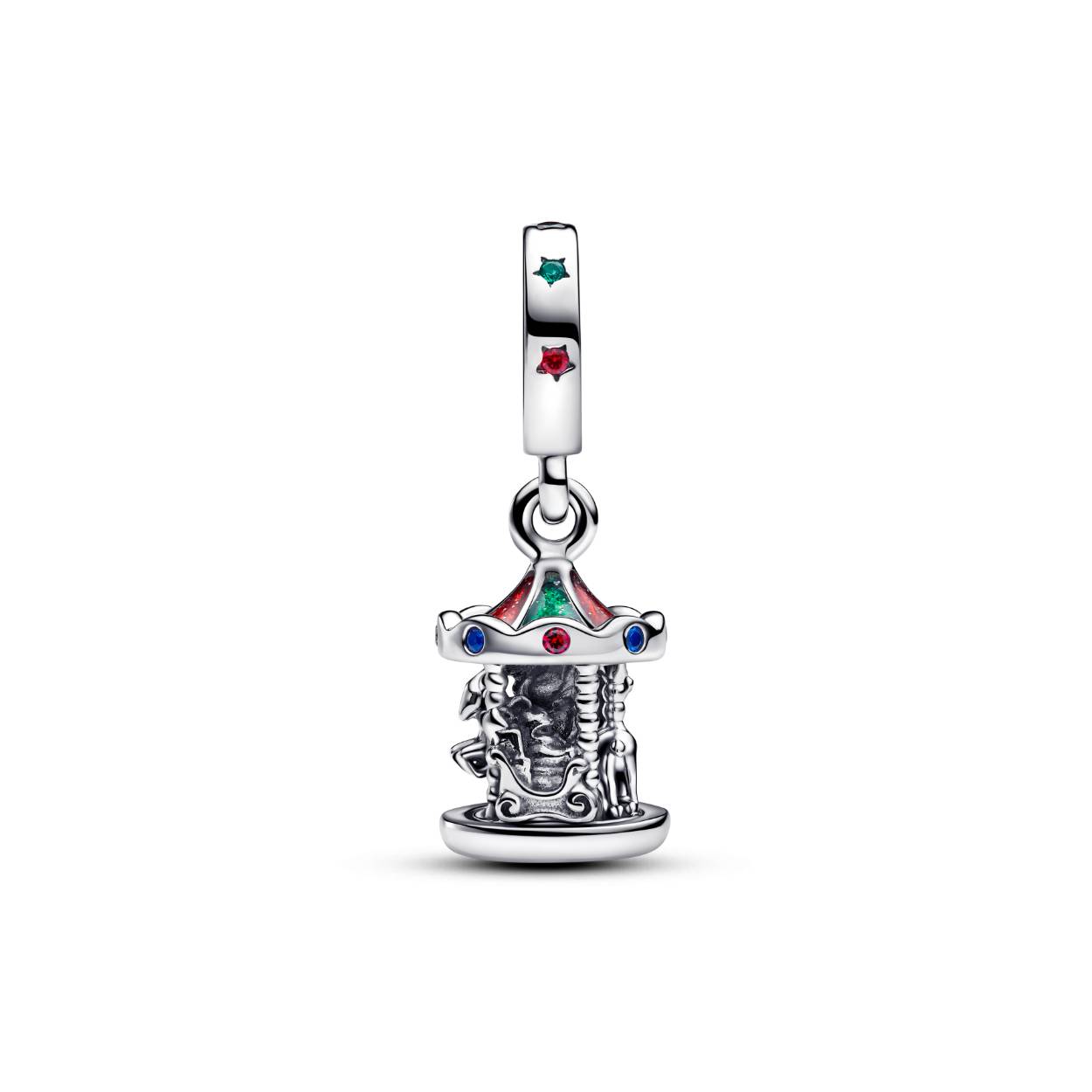 Moveable carousel sterling 
silver dangle with glittery red
and green enamel, red cubic
zirconia, green and blue