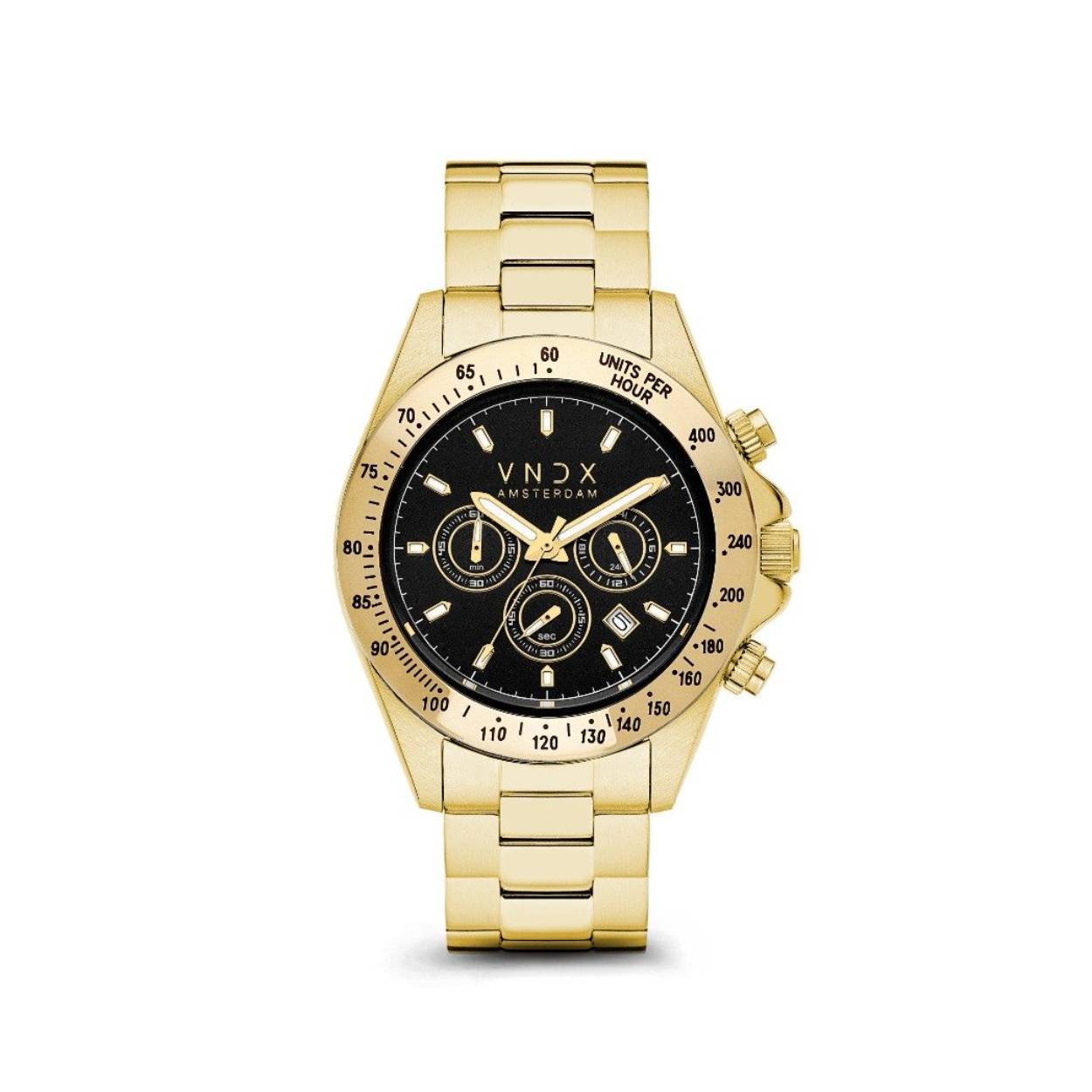 De Dark DJ Goud, het horloge dat samen met jou het ritme van je leven bepaald. De massief gouden kast met de gedetailleerde gouden lunette vormen de kast van je Dark DJ. In 42 mm diameter kast zit een sterk uurwerk voorzien van een chronograaf.

De klassieke zwarte wijzerplaat is voorzien van een stopwatch, 24-uurs klok en een datum aanduiding. Zo ben jij nooit te laat voor het Amsterdamse nachtleven. Wanneer je tot in de nachtelijke uurtjes te vinden bent op de mooiste feestjes, zorgt de wijzerplaat er met zijn lichtgevende wijzers voor, dat je ook in het donker de DJ bent van je eigen tijd.