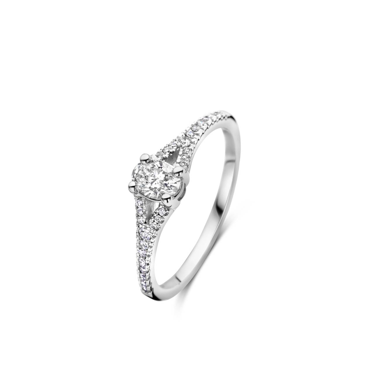 Naiomy Gold solitair ring 18k, gezet met 
28 diamanten 0.120 ct
1 diamant ovale slijp 0.300 ct