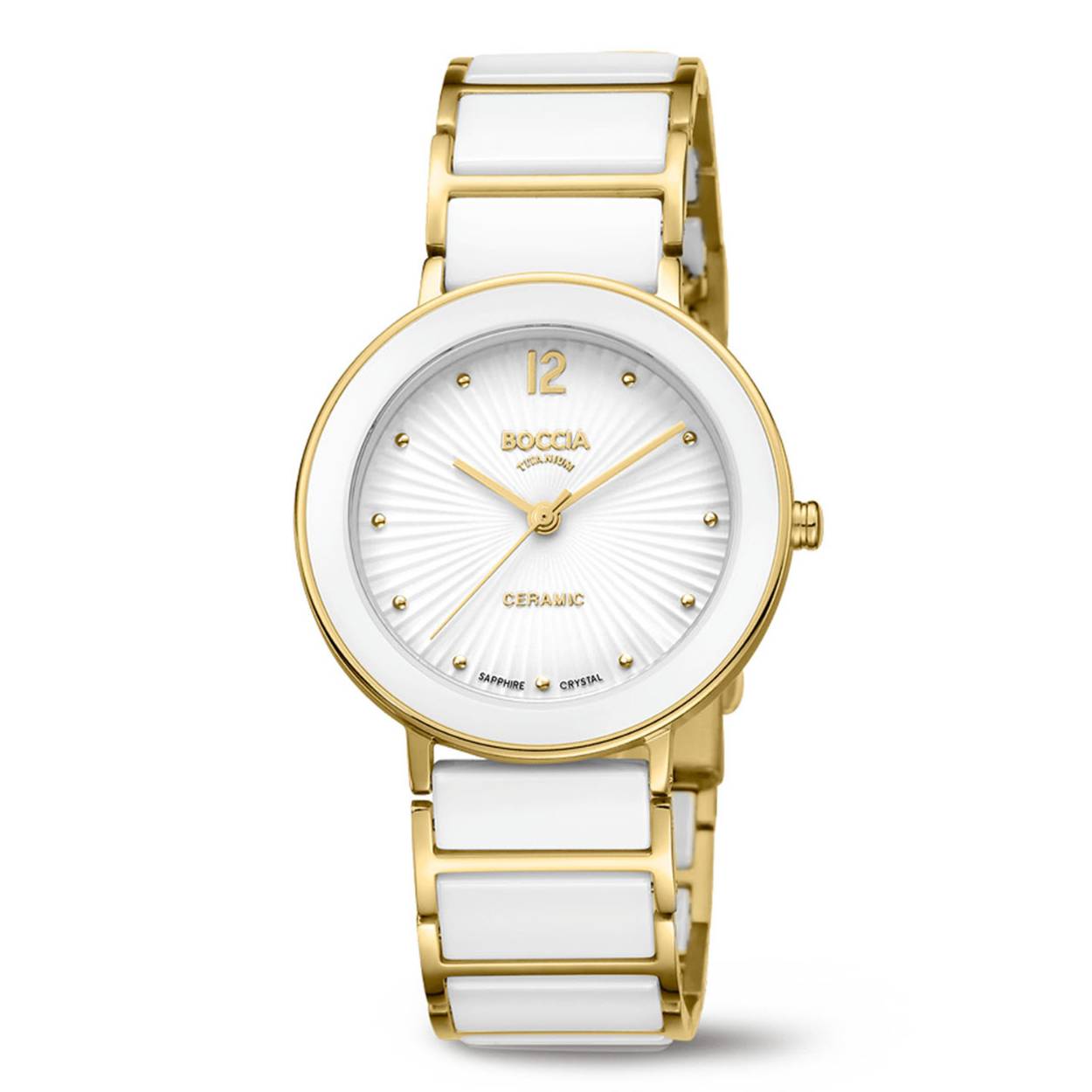 Dit dameshorloge van Boccia heeft een chique uitstraling. De 3331-05 heeft een ronde goudkleurige titanium horlogekast met een witte keramieke bezel en een witte bewerkte wijzerplaat met fijne goudkleurige uursaanduiding. Aan de titanium kast zit een goudkleurige titanium band met witte keramieke tussenschakels en een vouwsluiting. Het horloge heeft een doorsnee van 34mm, een saffierglas en is 5ATM. Of je nu klassiek of chique gekleed gaat, dit horloge past bij elke outfit en iedere gelegenheid!

