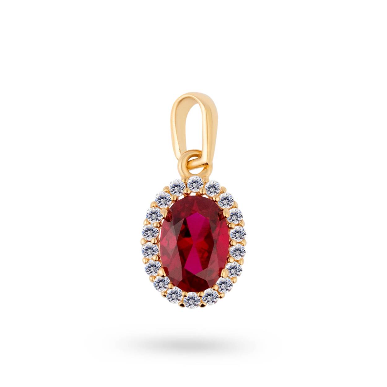 14 karaats geelgouden hanger entourage met rode en witte zirkonia's 

maak de set compleet met de bijpassende oorsieraden 
