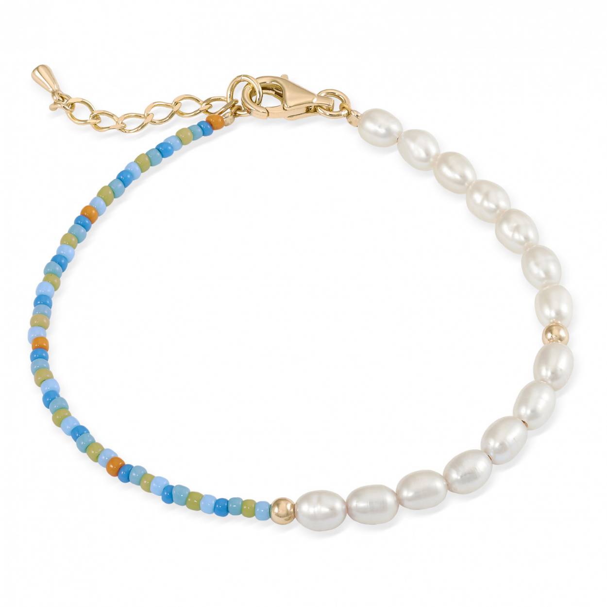 A latest trend design ideal to complement your most modern outfits. Thin split design silver bracelets; in one half we find small pearls and in the other small colored balls in blue, green and orange tones. You'll love it!