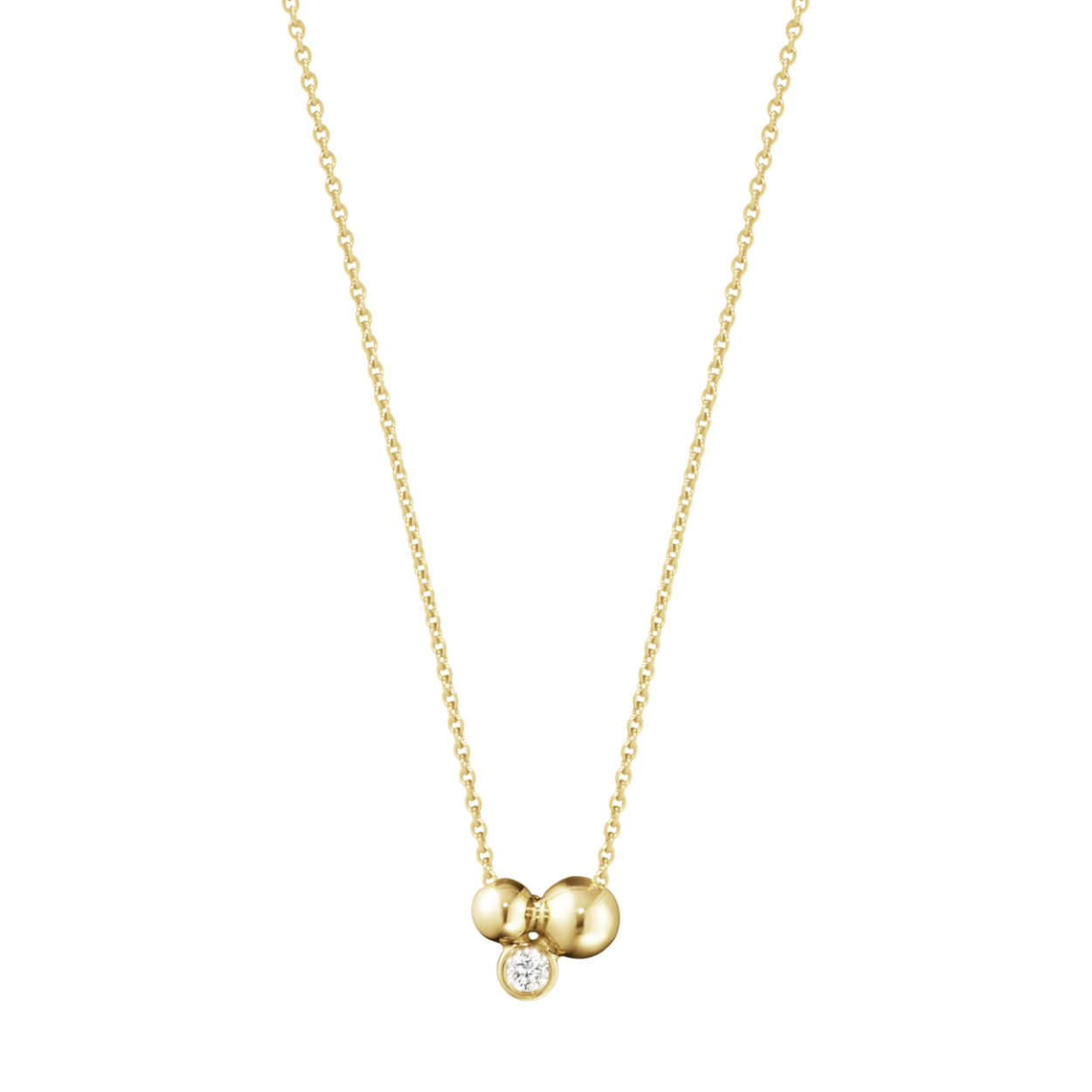 With its two beads of 18 karat yellow gold clustered together with a single brilliant cut diamond, this pendant is an understated but luxurious piece of jewellery. Combining classic elegance with contemporary sophistication, the pendant looks beautiful worn alone or even more special when paired with the matching earrings.