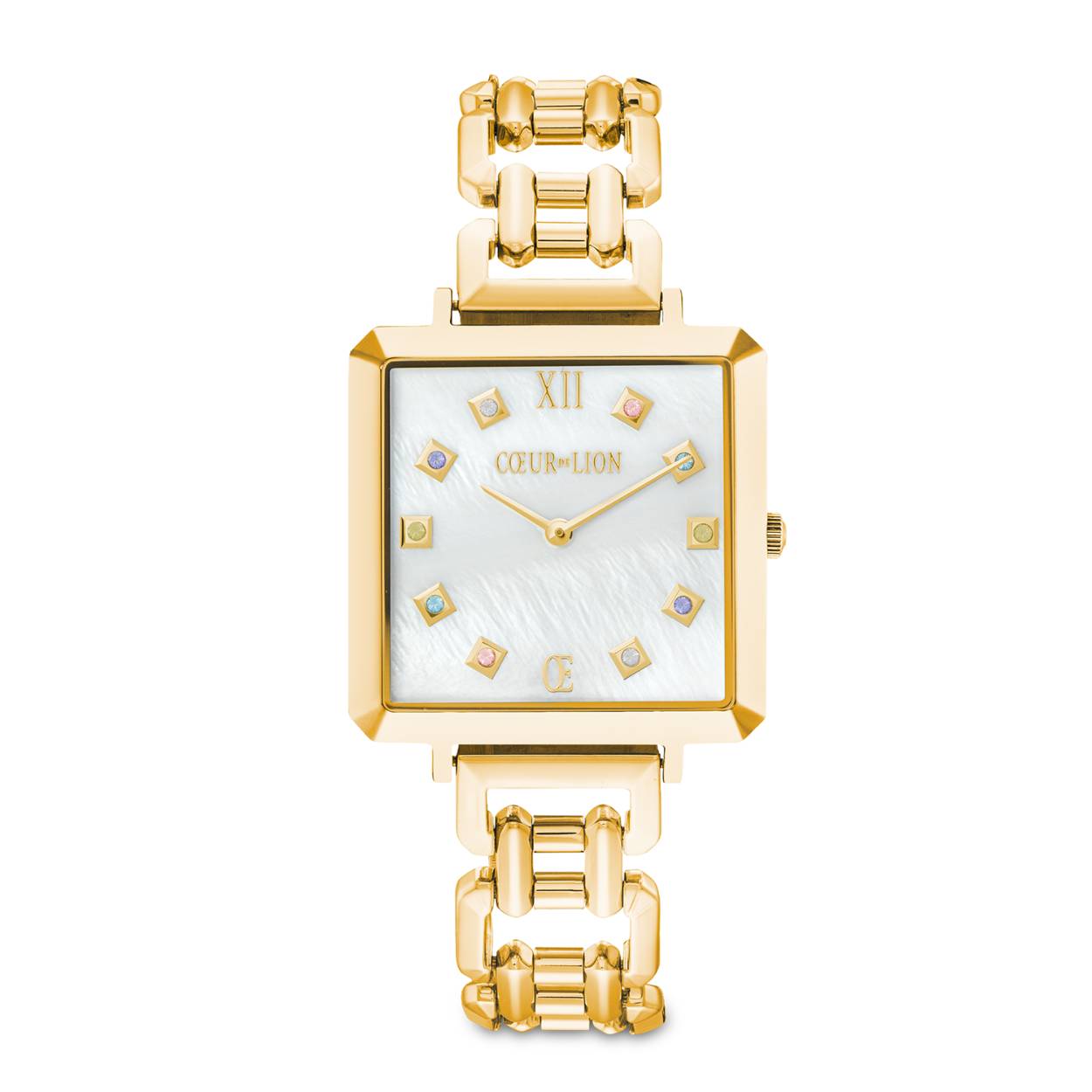 Het opwindende model horloge 7632-74-1643 vertegenwoordigt de unieke COEUR DE LION-designtaal. Geïnspireerd op het iconische GeoCUBE®-design heeft dit horloge strakke vormen en verhoudingen, wat ook terugkomt op de 'mother of pearl' wijzerplaat bezet met sprankelende GeoCUBE®-kristallen.  De band van het horloge heeft aan weerskanten van de kast stoere vierkante, opengewerkte schakels,
Het horloge is vervaardigd in edelstaal met een goldplated finish.