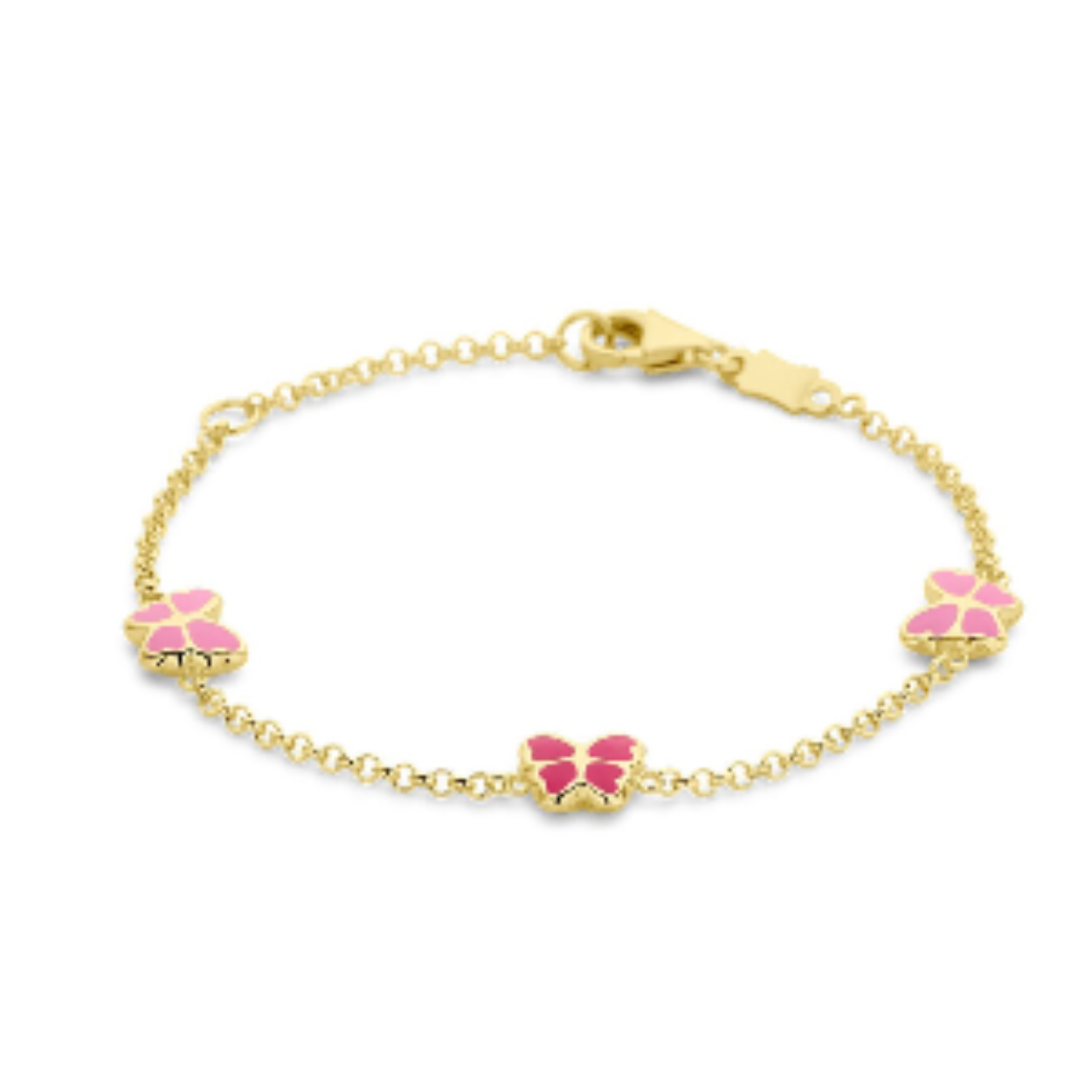 14k Geelgouden armband uitgevoerd met drie vlinders. De armband heeft een schakelbreedte van 1.5mm en draaglengtes van 11 en 13cm. Uitgevoerd met karabijnsluiting.