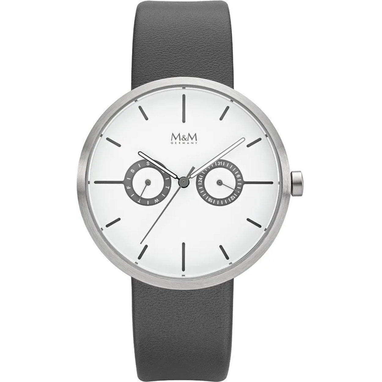 M&M horloge met een witte plaat en 2 kleine dials