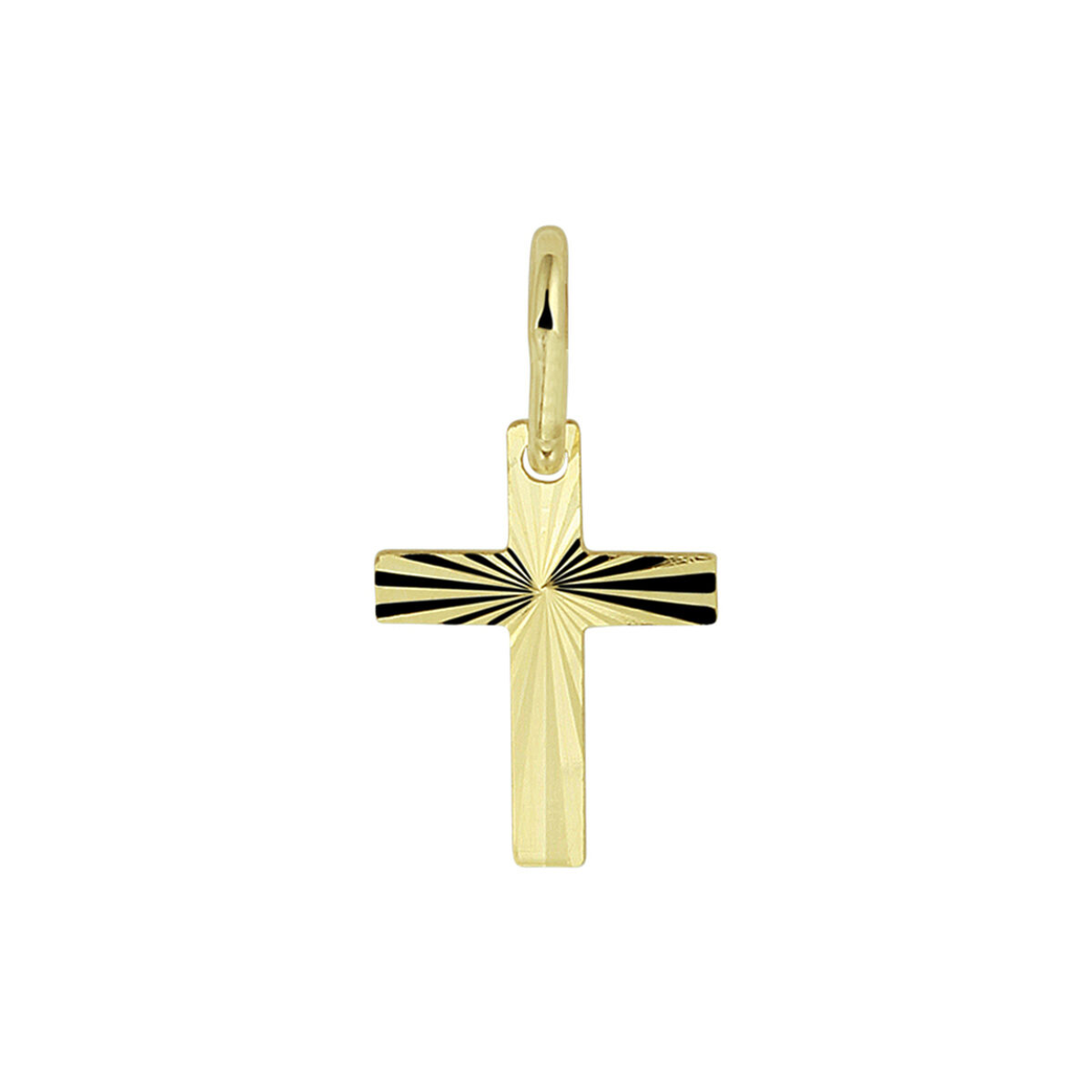 Geelgouden massieve kruis hanger met een afmeting van 10x7.5mm uitgevoerd met een stevig hangoog. Tip: Deze hanger is te combineren met bijpassende colliers uit onze collectie!