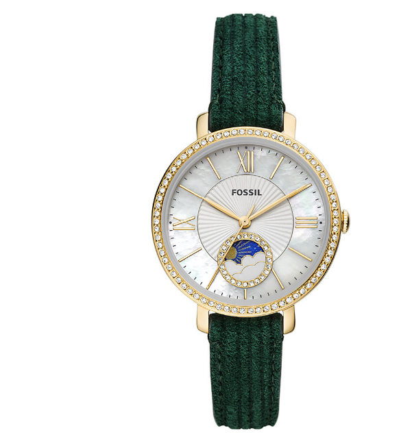 Goudkleurig Fossil Horloge met zon en maan aanduiding
 