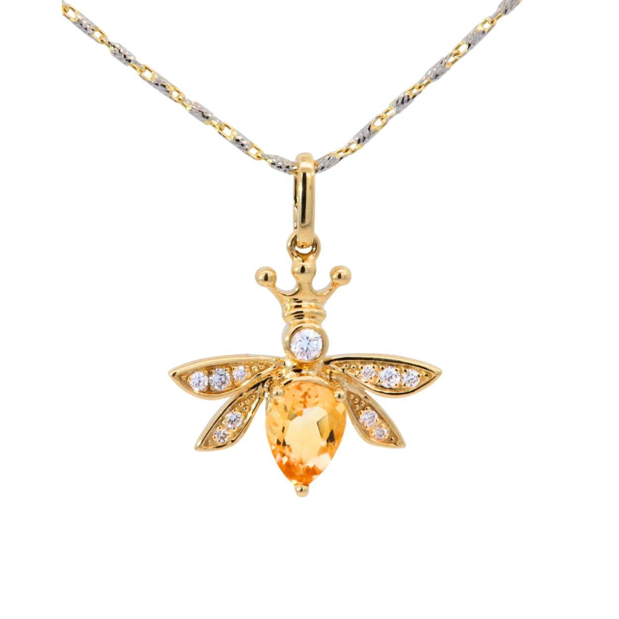 Een hanger inde vorm van een bijtje in 18Kt geelgoud met 11 diamanten en 1 citrien