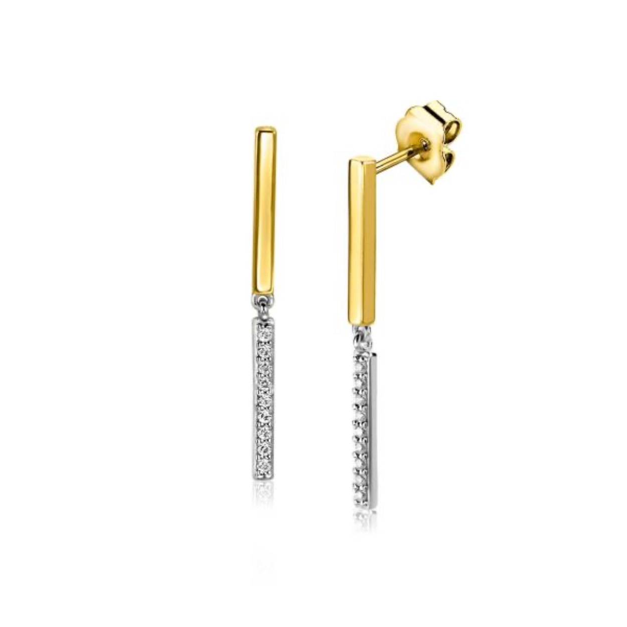 ZINZI gold plated zilveren oorstekers 30mm dubbele staafjes wit 