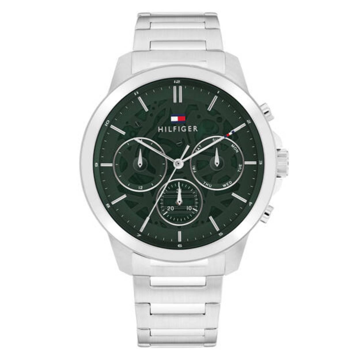 Tommy Hilfiger horloge in edelstaal met donkergroene wijzerplaat, serie Henry, dag-datum en 24-uursaanduiding