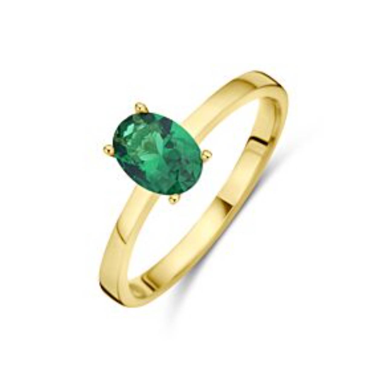 Ring in geelgoud 14 kt met groene zirkonia ovaal gezet met 4 griffen, solitaire model