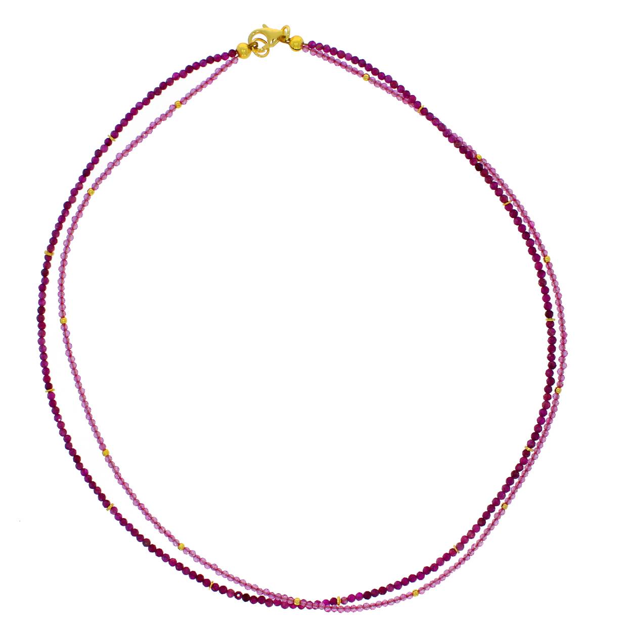 Collier 2-rijen robijn en rose topaas