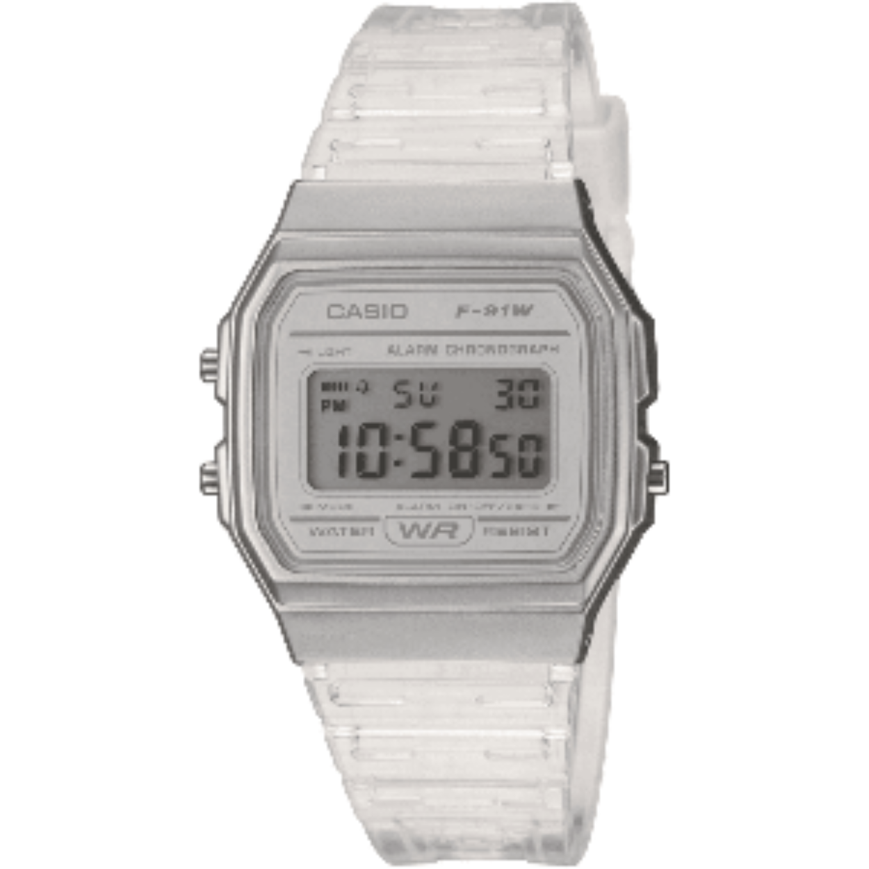 Casio horloge met een digitale aanduiding, een doorzichtige band en een verchroomde kast