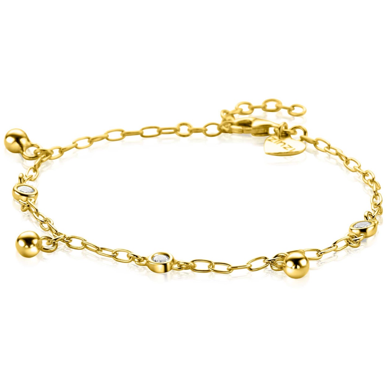ZINZI gold plated zilveren schakel armband met 3 glanzende bolletjes en 3 ronde zettingen met witte zirkonia's. De zettingen en bolletjes zijn gelijkmatig verdeeld over de armband. De lengte van de armband is te variëren tussen 17cm en 19cm. Vervaardigd van eerste gehalte zilver (925) en extra geel verguld.