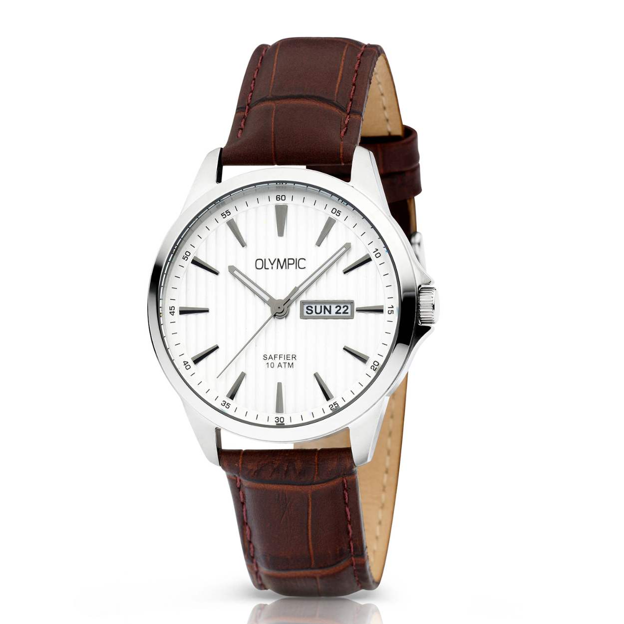 Olympic OL26HSL077 JOHN Horloge - Staal - Leer - Zilver - 41mm
Dit unieke Olympic horloge met artikelnummer: OL26HSL077 is een klassiek horloge. De ronde stalen kast heeft een gladde bezel en een zilverkleurige wijzerplaat met een dag,- en datum aanduiding. Aan de kast zit een bruine lerenband met een gespsluiting. Het horloge heeft een saffierglas een doorsnee van 41mm en is 10ATM. 

Waterdichtheid 10ATM
Dit horloge is bestand tegen water bij het zwemmen en douchen. Dit horloge is niet bestand tegen (grote) waterdruk dus je kunt er niet mee duiken.
Waterdichtheid  5ATM
Dit horloge is regen en spatwaterdicht. Niet geschikt om mee te zwemmen en douchen.
Waterdichtheid 3ATM
Dit horloge is spatwaterdicht. Niet geschikt om mee te zwemmen en douchen.

Het merk:
Een mooi horloge hoeft niet duur te zijn! Het Nederlandse horlogemerk Olympic levert stoere chronografen, slimline series, digitale uurwerken en elegante dameshorloges. De prijs-kwaliteitverhouding staat bij Olympic hoog in het vaandel met prijzen die uiteenlopen van € 34,95 tot en met € 159,00.

100% Nederlands ontwerp, waterdicht en standaard 3 jaar fabrieksgarantie.

Specificaties:
- Ronde kast 41mm
- Stalen horlogekast
- Zilverkleurige wijzerplaat
- Bruine leren band
- 10ATM 
- Standaard 3 jaar fabrieksgarantie
- Saffierglas