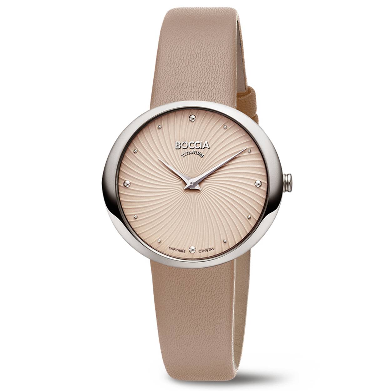 Dit dameshorloge van Boccia heeft een klassieke uitstraling. De 3364-02 heeft een ronde titanium horlogekast met een diameter van 32mm met een witte bewerkte wijzerplaat met een fijne uursaanduiding. Aan de titanium kast zit een beige lerenband met een gespsluiting. Het horloge heeft een saffierglas en is 5ATM. Of je nu klassiek of chique gekleed gaat, dit horloge past bij elke outfit en iedere gelegenheid!

