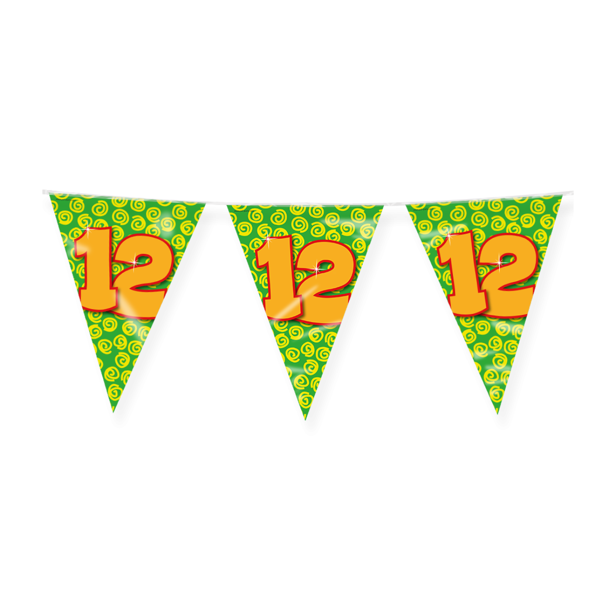 De Happy party flags 12 zijn de ideale versiering op de verjaardag van een 12-jarige. Door de vrolijke kleuren vallen deze party vlaggen dan ook extra goed op! De aan beide kanten bedrukte vlaggetjes zijn gemaakt van folie, hebben een lengte van 10 meter