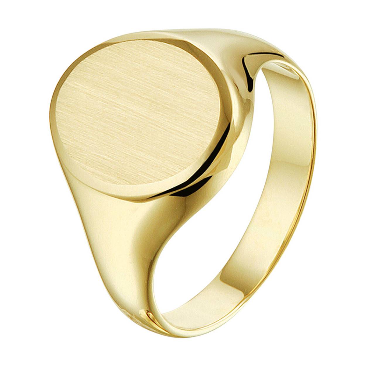 Stijlvolle geelgouden graveerring met een mat gediamanteerde afwerking. Glam up your outfit! Combineer deze ring met bijpassende sieraden uit onze collectie. De ring geeft je look direct een chique uitstraling.