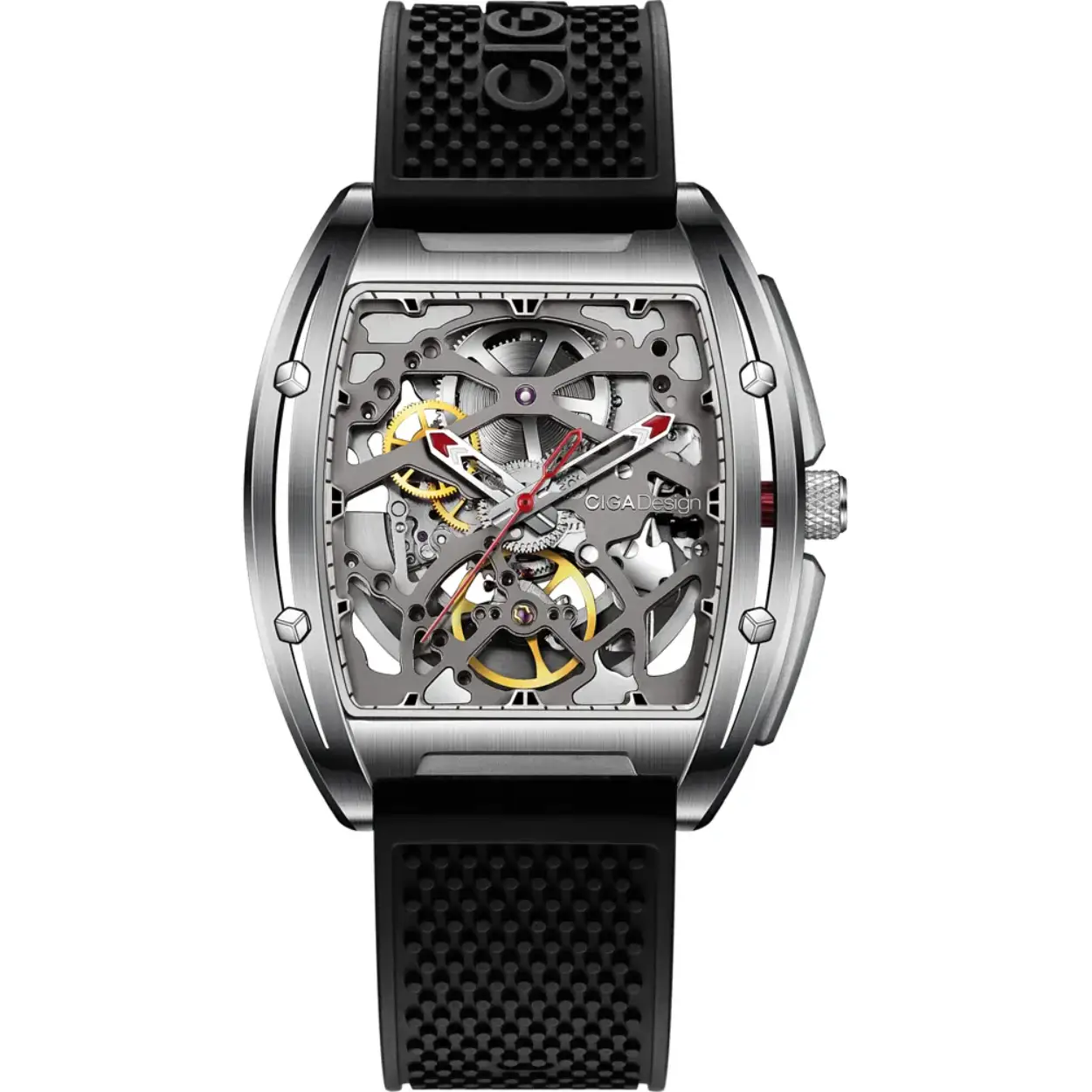 Tonneau automatisch skelethorloge met extra lederen band. Dit CIGA Design horloge heeft een kast gemaakt van Staal zilver met een diameter van 40.8 mm en is voorzien van een Rubber band. In de kast bevindt zich een Seagull kwaliteitsuurwerk en is afgewerkt met Saffierglas.

Het horloge is 3ATM. Dit betekent dat het horloge spatwaterdicht is.. Verder wordt het horloge geleverd met 2 jaar garantie.