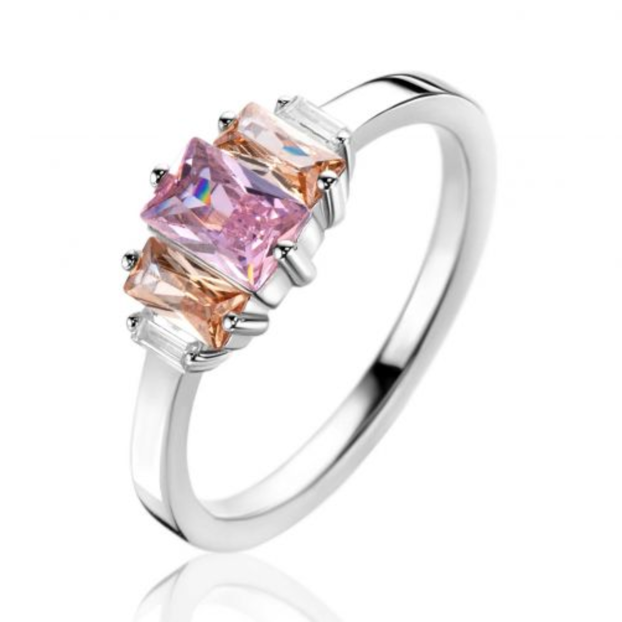 Zilveren ring baquette roze/champ/wit zirkonia mt 56